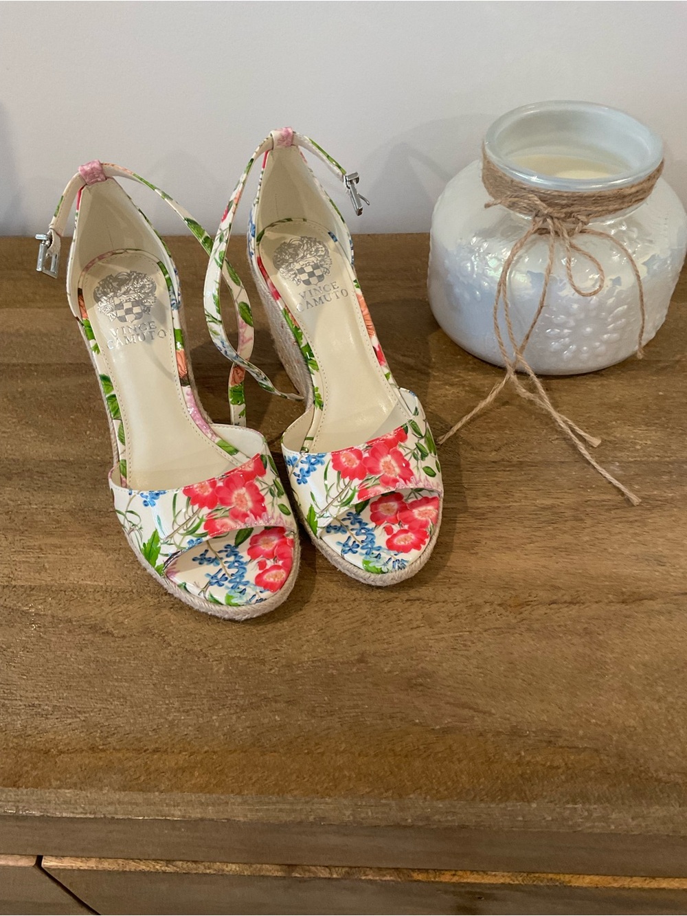 Vince Camuto White Floral Espadrille Wedge Sandals with Pink and Green Accents